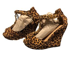 Delicacy Camel Leopard gold chain Wedge Sandals